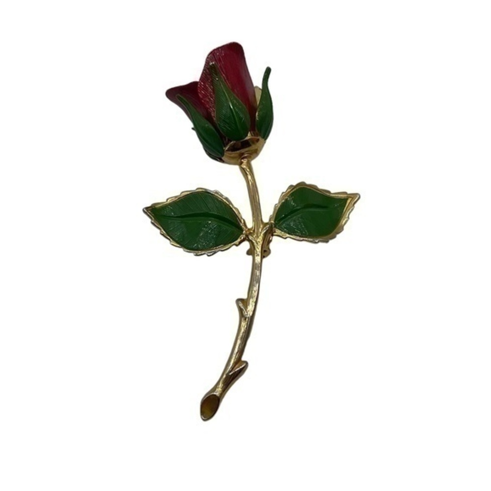 Red Rose Brooch Lacquer Coated Red Rose Brooch Gold Tone Trim Green Leaves